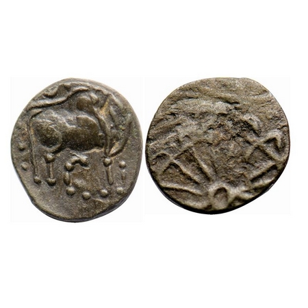 Pallavas of Kanchi, Potin Unit, 1.86g, 14.92x13.78mm, Humped bull standing facing to right