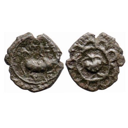 Pallavas of Kanchi, Potin Unit, 2.27g, 16.25x16.38mm, Obv: Humped bull walking to right ab