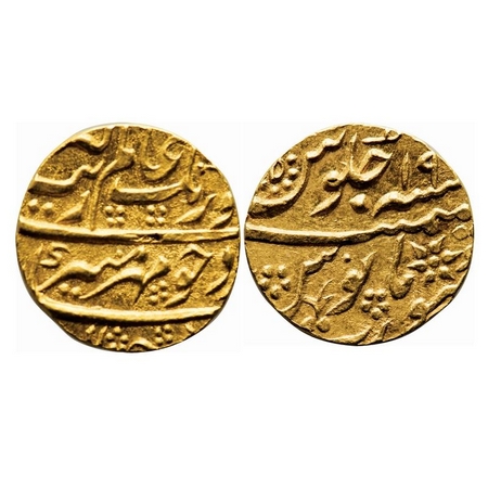Aurangzeb, Gold Mohur, 11.05g, Surat Mint, RY 19, Mirh-e-munir couplet. KM 315.45. Nice mi