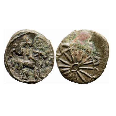 Pallavas of Kanchi, Potin Unit, 1.16g, 13.99x31.09mm, Obv: Bull walking to right above cru