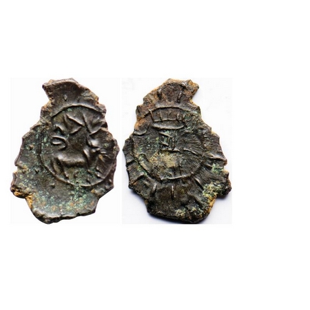 Pallavas of Kanchi, Potin Unit, 0.83g, 16.27x11.77mm, Obv: Humped bull walking to right, a