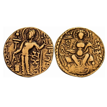 Guptas, Samudragupta, Gold Dinar, 7.59g, 19.63x19.54mm, Javelin Type, Obv: King nimbate st