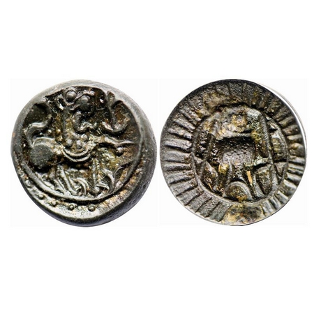 Vishnukundin Dynasty, Andhra Region, Copper Base Alloy, 7.16g, 20.54x20.86mm, Obv: Roaring