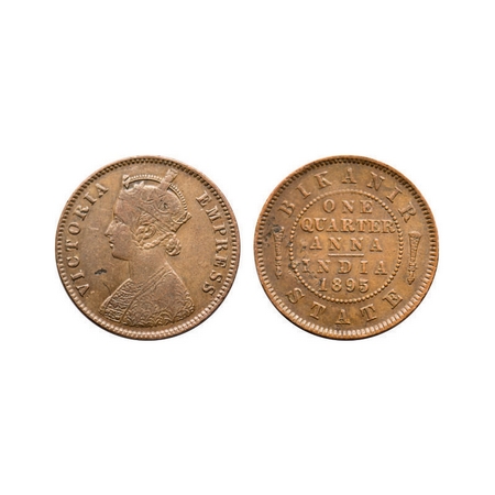 Bikanir, Copper ¼ Anna, 6.45g, Ganga Singh ( VS 1944-1999 / 1887-1942 AD), 1895 AD, with t