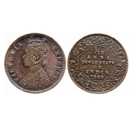 Dewas Senior, Copper 1/12 Anna, 2.08g, Narayan Rao (c. 1864-1892 AD), Crowned bust of Vict