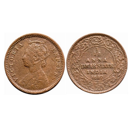 Dhar, Copper 1/12 Anna, 2.17g, Anand Rao III, 1887 AD, bust of Victoria Empress on obv. KM