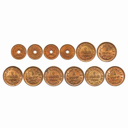 Kutch, Copper, (6 Coins), Vijayarajji (VS 1998-2004/1942-1948 AD), in the name of George V