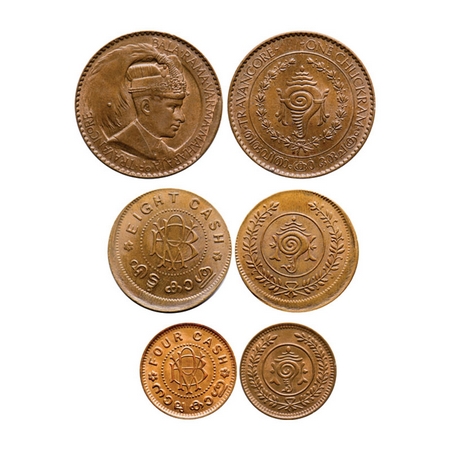 Travancore, Bronze (3), Bala Rama Varma II, Chuckram with Cud Error, 8 Cash Error Die shif