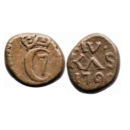 Indo Danish, Copper 4 Cash, 2.34g, Christian VII (1766-1808 AD), 1790, Obv: Crowned C7, Re