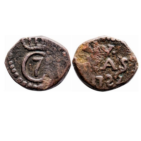 Indo Danish, Copper 4 Cash, 2.75g, Christian VII (1766-1808 AD), 1782, Obv: Crowned C7, Re