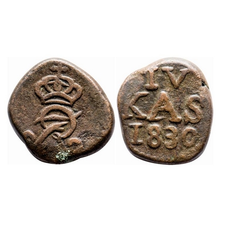 Indo Danish, Copper 4 Cash, 2.38g, Frederik VI (1808-1839 AD), 1830, Obv: Crowned FVIR ent