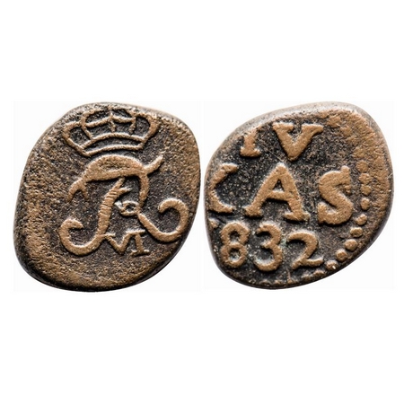Indo Danish, Copper 4 Cash, 2.34g, Frederik VI (1808-1839 AD), 1832, Obv: Crowned FVIR ent