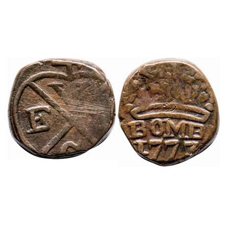 Bombay Presidency, Copper Double Pice, 10.27g, 1777. Obv: Bale Mark, 4 above with V E C I 