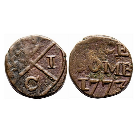 Bombay Presidency, Copper Pice, 4.87g, 1777 AD. Obv: Bale Mark, (4 above with V E) C I in 