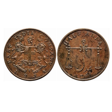 Bombay Presidency, Copper, Half Anna, 13.08g, 1834AD / 1249AH, Obv: Arms of East India Com