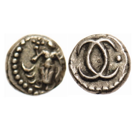 Madras Presidency, Silver Fanam, 1.02g, (1690-1763 AD, 2nd Issue), Obv: A single diety (Vi