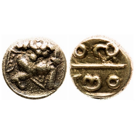 Vijaynagar Kingdom, Bukka I, Gold Pagoda, 3.38g, Obv: Warrior running to right, Rev: Kanna