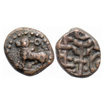 Vijayanagar, Devaraya I, Copper Kasu, 2.00g, Obv: Humped bull walking to left above sun an
