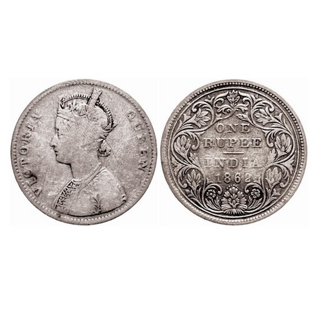 Victoria Queen, Silver, Rupee, 1862, Bombay Mint, A/II/1/6, Top dot in top flower. F. Prid