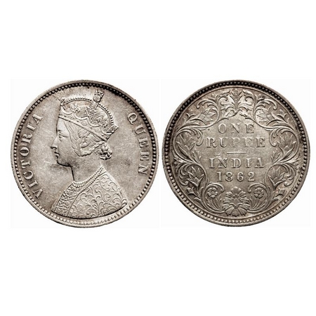 Victoria Queen, Silver, Rupee, 1862, Calcutta Mint, A/III, w/o initial 'J'. F. Prid 65. GK