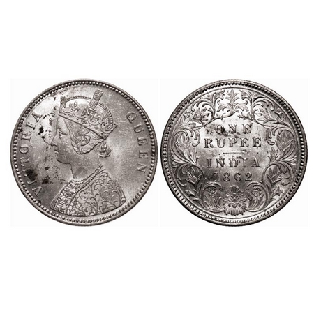 Victoria Queen, Silver, Rupee, 1862, Calcutta Mint, A/I, With initial 'J'. F. Prid 66. GK 