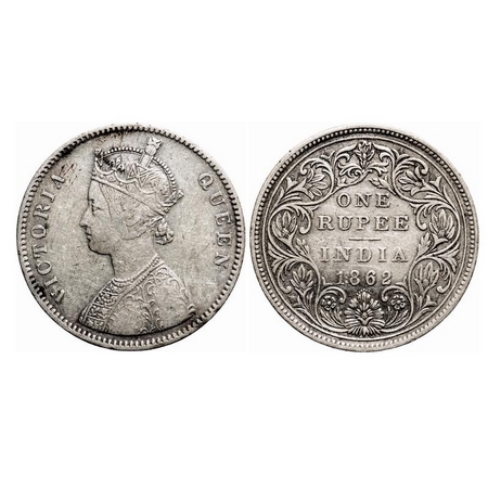 Victoria Queen, Silver, Rupee, 1862, Bombay Mint, A/II/0/7, w/o initial 'J'. F. Prid 87. G