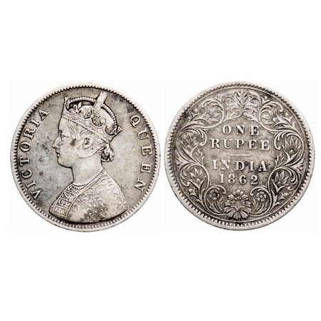 Victoria Queen, Silver, Rupee, 1862, Calcutta Mint, B/III, Embroidery in high relief. F. P