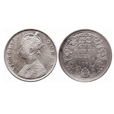 Victoria Queen, Silver, Rupee, 1862, Madras Mint, B/II, With enclosed frame effect and w/o