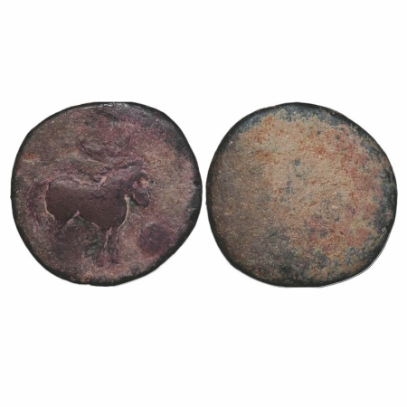 Sevakas of Hiranayaka, Lead, 10.84g, 22.93x23.49mm, 1c AD. Obv: Caprisoned horse to right 