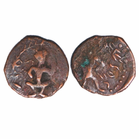 Kushan, Huvishka, Copper Unit, 3.73g, 20.15x21.39mm, Obv: King seated on throne holding sc