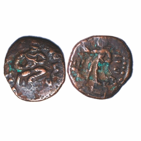 Kushan, Huvishka, Copper Unit, 6.66g, 21.51x21.02mm, Obv: King seated on throne holding sc