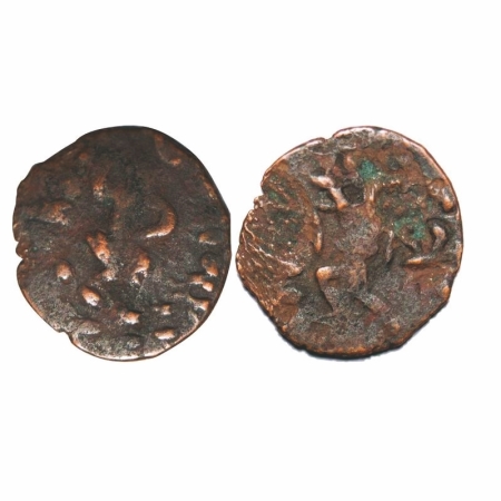 Kushan, Huvishka, Copper Unit, 1.71g, 17.84x17.65mm, Obv: King seated on throne holding bo