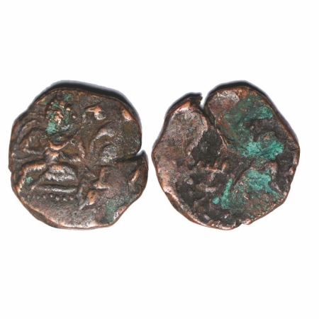 Kushan, Huvishka, Copper, 8.12g, 22.57x22.64mm, Obv: King seated on throne holding both ha