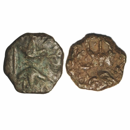 Western Kshatrapas, Bhumaka, overstruck Copper, 3.01g. 16.41x15.58mm, Obv: Arrow and thund