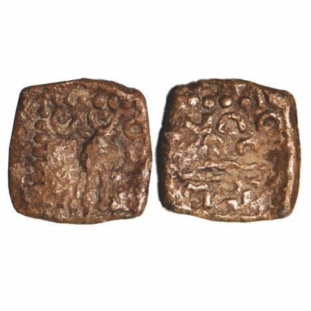 Western Kshatrapas, Damasena (144-160SE/222-238AD), Square 1/2 unit Lead, 1.42g, 12.26x12.
