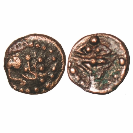 Kalachuris of Mahishmati, Krishnarajdeva, Copper 0.86g, 10.69x10.81mm, Obv: Nandi seated t