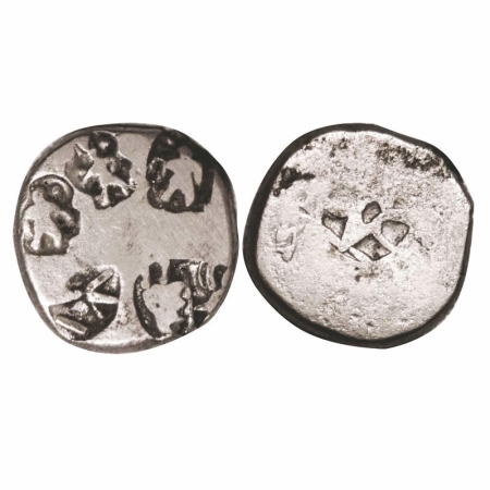 Punch Marked, Mauryan Empire, Silver Karshapana, 3.25g, 15.08x14.71mm, Obv: Three human fi