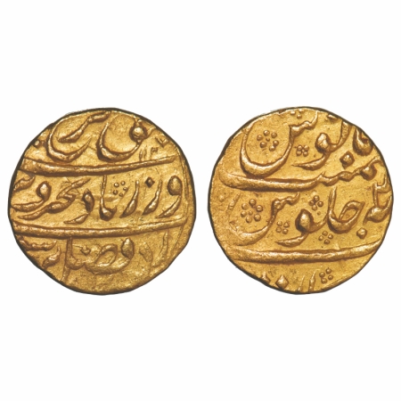 Farrukhsiyar, Gold Mohur, 10.95g, Arkat Mint, 4 RY. KM 390.6, About Extremely Fine, Rare.