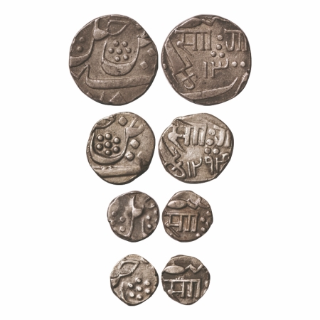 Baroda, Silver (4 coins), Sayaji Rao III (AH 1292-1357 / 1875-1938 AD), INO Khel Khas Sams