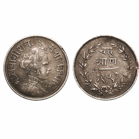 Baroda, Silver 4 Annas, 2.83g, Sayaji Rao III, VS 1951. KM 34a. About Very Fine, Scarce.