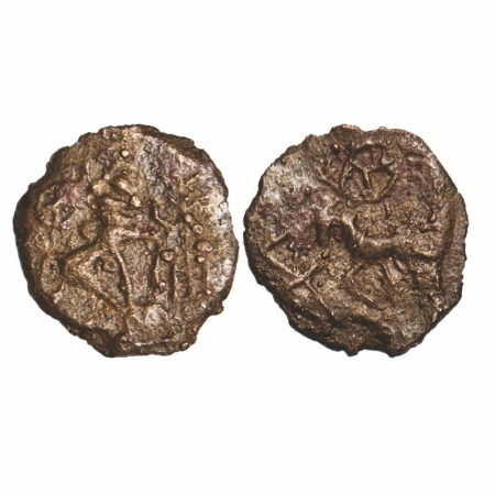 Kaushambi Region, Cast Copper, 1.19g, 16.45x15.25mm, Obv: Bull walking to right, above whe