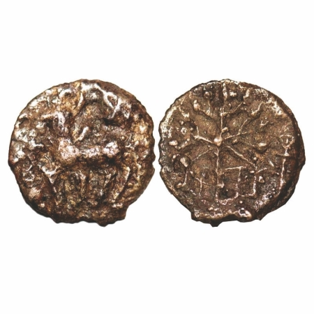 Kaushambi Region, Cast Copper, 3.26g, 19.25x19.60mm, Obv: Bull walking to left, svastika a