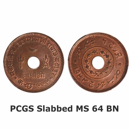 Kutch, Copper Adhio, Vijayrajji, INO George VI. VS 1999/1943 AD. Rajgor. 267.1. PCGS slabb