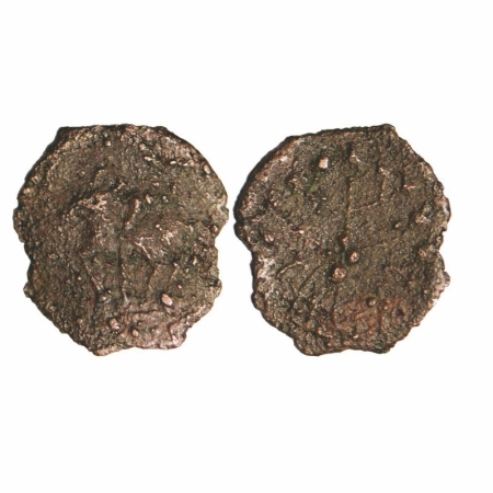 Kaushambi Region, Cast Copper, 0.63g, 14.98x13.81mm, Obv: Bull walking to left svastika ab