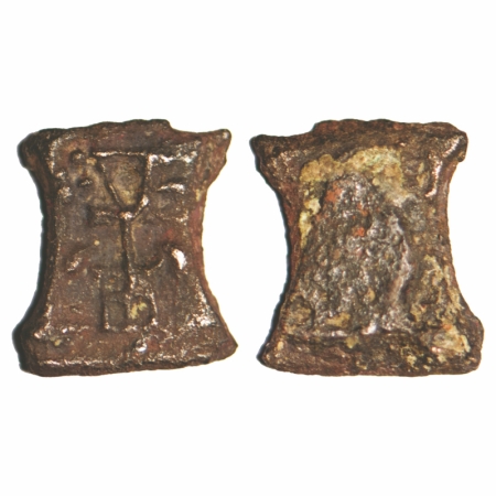 Kaushambi Region, Uninscribed, Damru Shaped, Copper Unit, 1.02g, 12.40x10.69mm, Obv: Indra