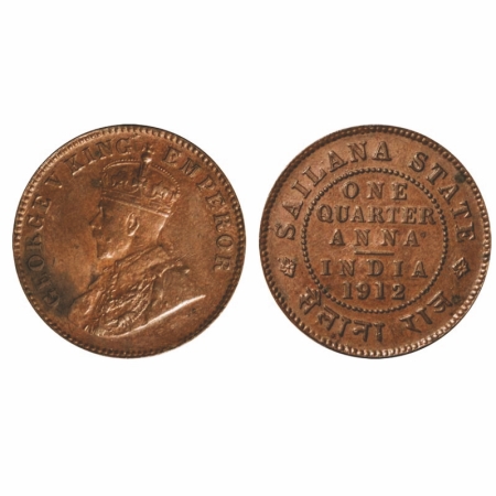 Sailana, Copper ¼ Anna, 4.50g, Jaswant Singh (1890-1919 AD), 1912 AD, bust of George V on 