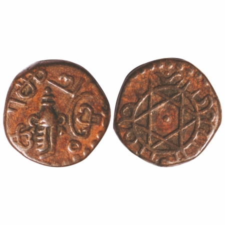 Travancore, Copper ¼ Chukram, 2.50g, Rama Varma VI (ME 1061-1099 / 1885-1924 AD), Obv: Con
