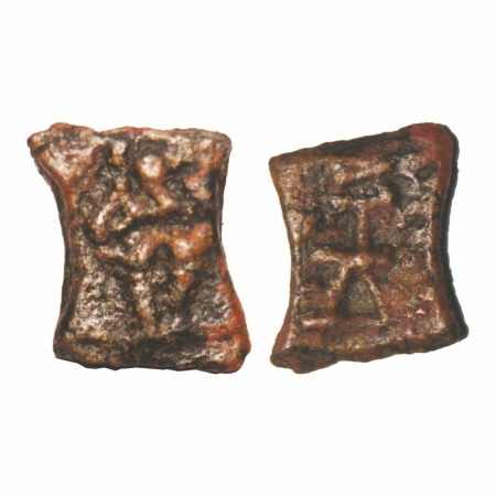 Kaushambi Region, Uninscribed Damru Shaped, Copper Unit,1.14g, 11.41x9.63mm, Obv: A crude 