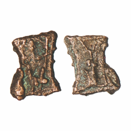 Kaushambi Region, Uninscribed Damru Shaped, Copper Unit, 0.46g, 9.72x9.71mm, Obv: A crude 