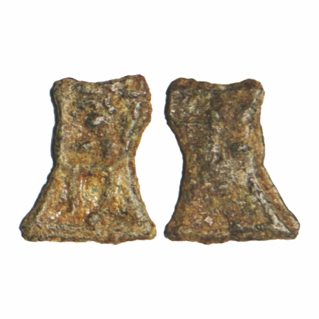 Kaushambi Region, Uninscribed Damru Shaped, Copper Unit, 0.33g, 9.85x7.89mm, Obv: A crude 